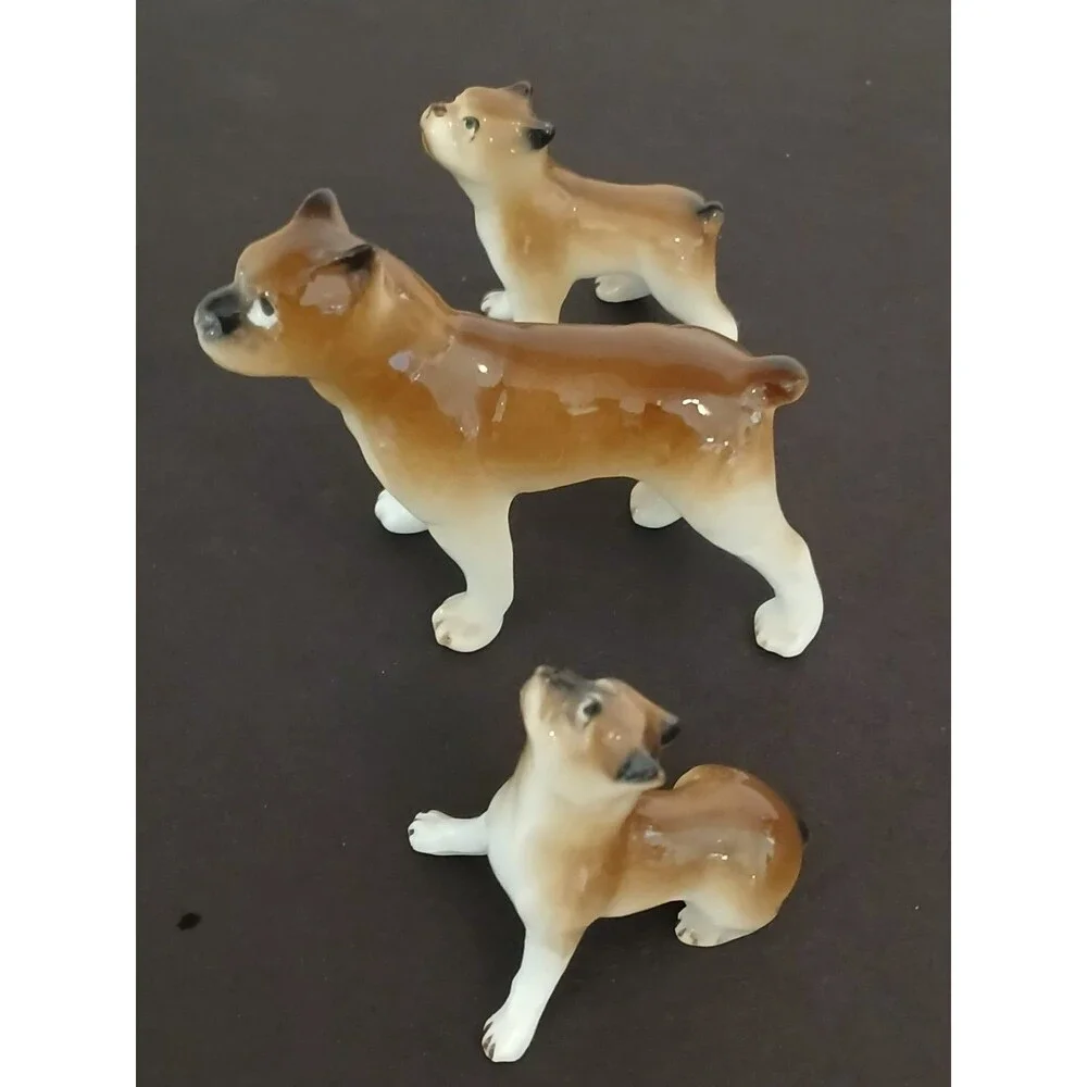 Vintage Set of 3 Porcelain Miniature Boxer Dog Cute Figurines